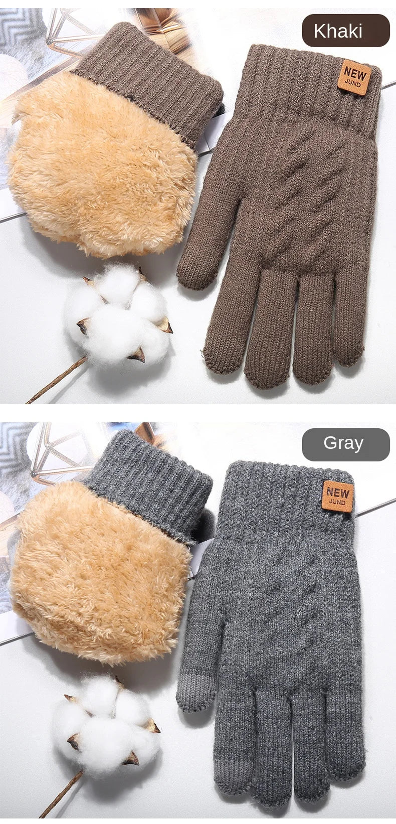 Une paire de gants de ski en tricot épais, kaki et gris avec doublure en polaire, à côté de coton.