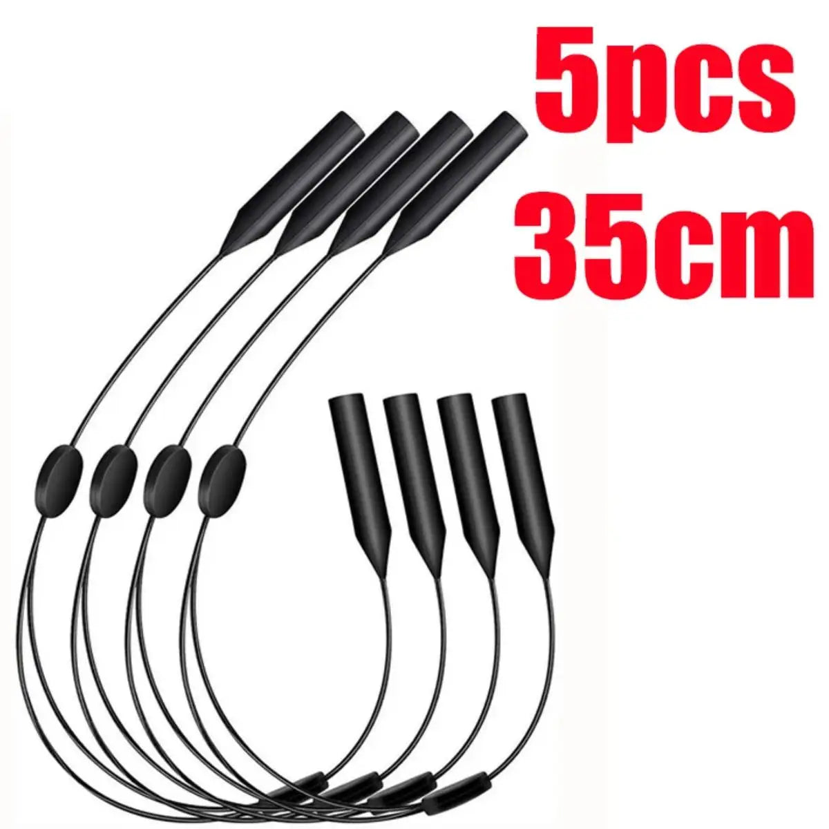 Five black adjustable anti-slip eyeglass retainer straps, 35cm long.