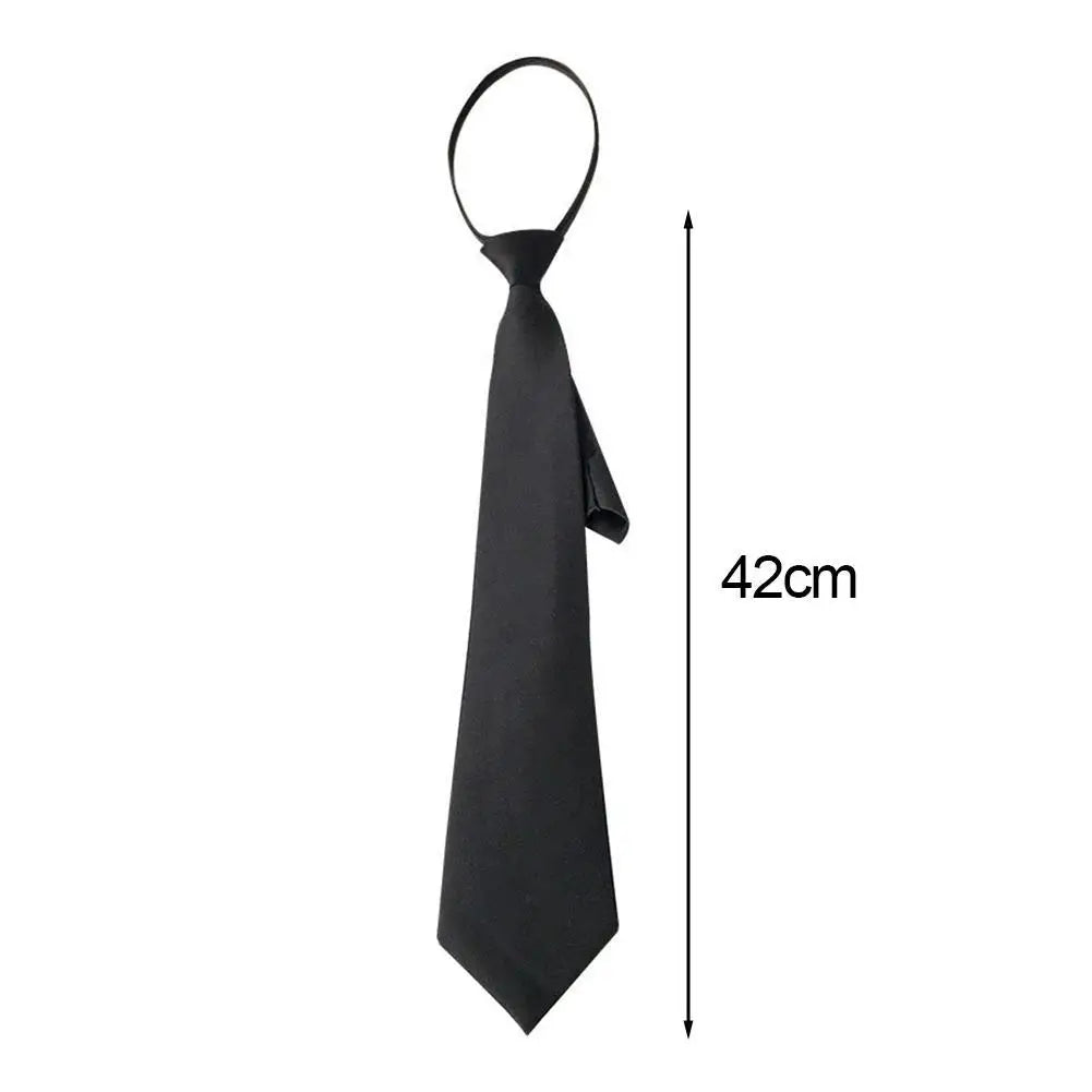 Black clip-on tie displayed vertically against a white background.