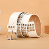 A white heavy metal riveted belt for men and women shown in a close-up view.