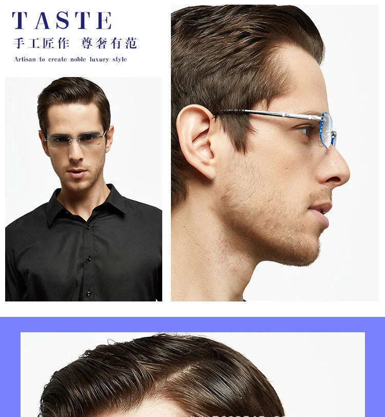 A close-up of a man wearing frameless diamond cut reading glasses while looking to the side.