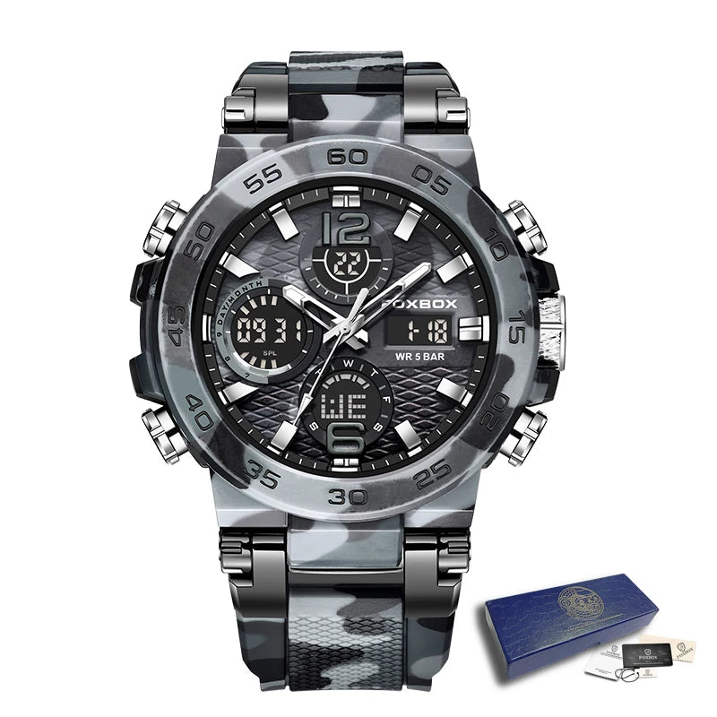 A black and gray camouflage-patterned luxury men's chronograph dive watch with a stainless steel bracelet.