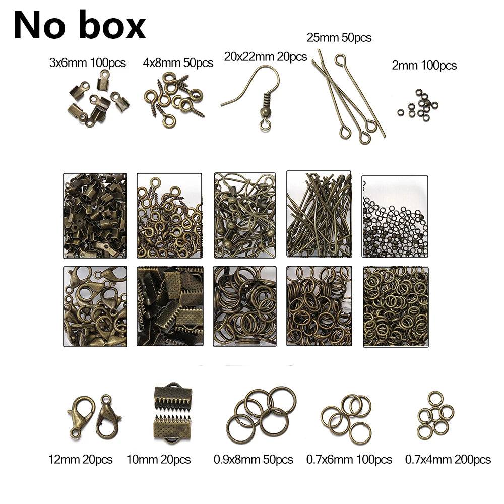 A collection of jewelry findings including clasps, hooks, jump rings, and various sizes in gold-toned metal.
