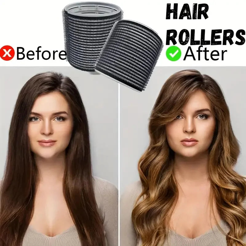 Before and after comparison of a hair roller set showing the transformation from straight to wavy hair.