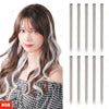A woman models long, wavy brown hair with white highlights, showcasing straight hair extensions.