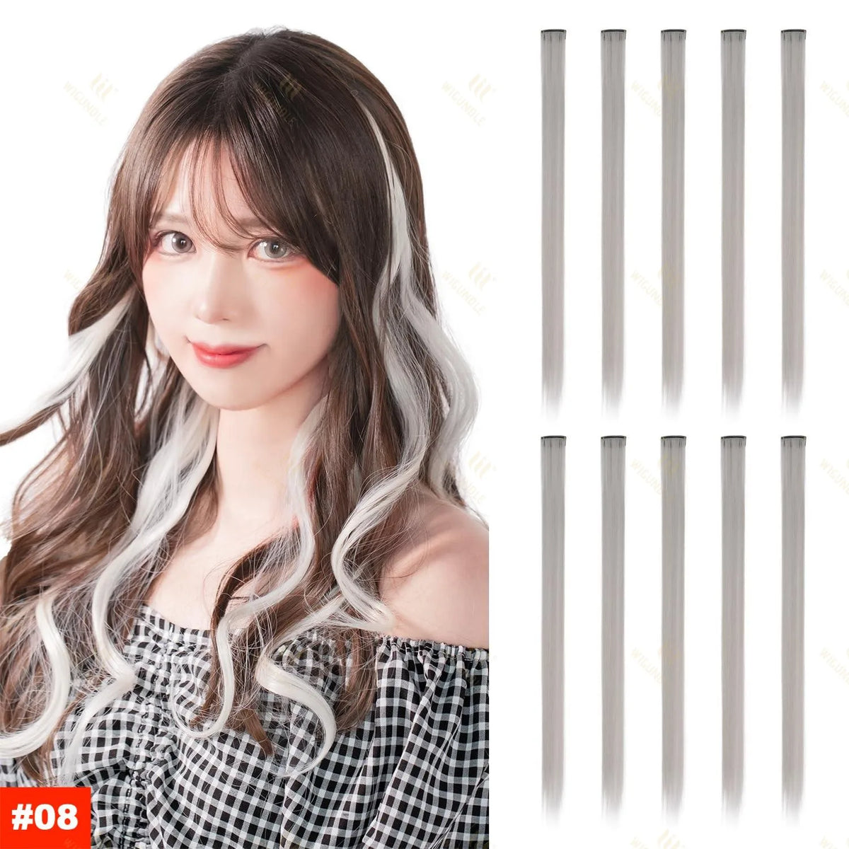 A woman models long, wavy brown hair with white highlights, showcasing straight hair extensions.