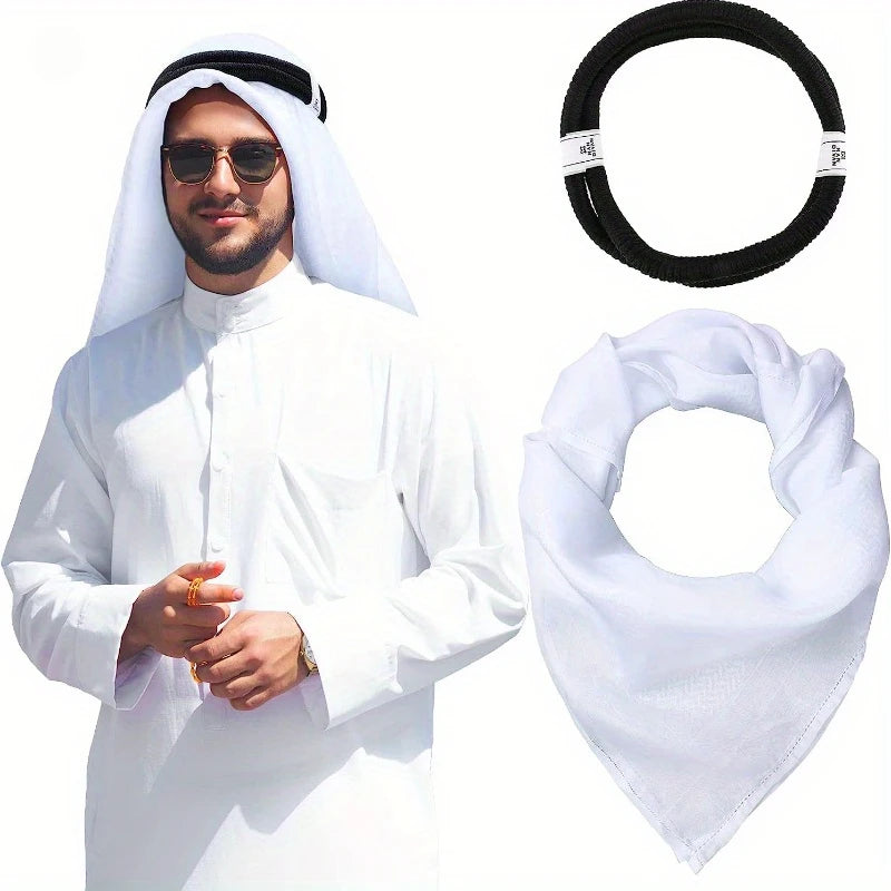 Un hombre vistiendo thawb y ghutra sostiene una bufanda táctica negra y una cuerda agal