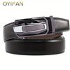 A black genuine leather ratchet belt for men with a silver buckle.