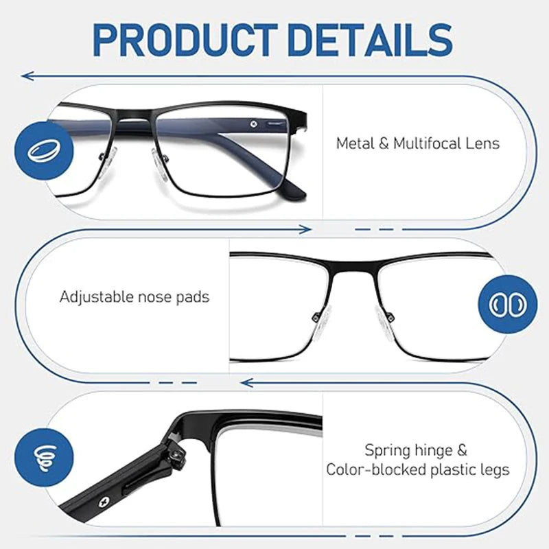 Details of black metal multifocal reading glasses showing the frame, lens, nose pads, and hinge.