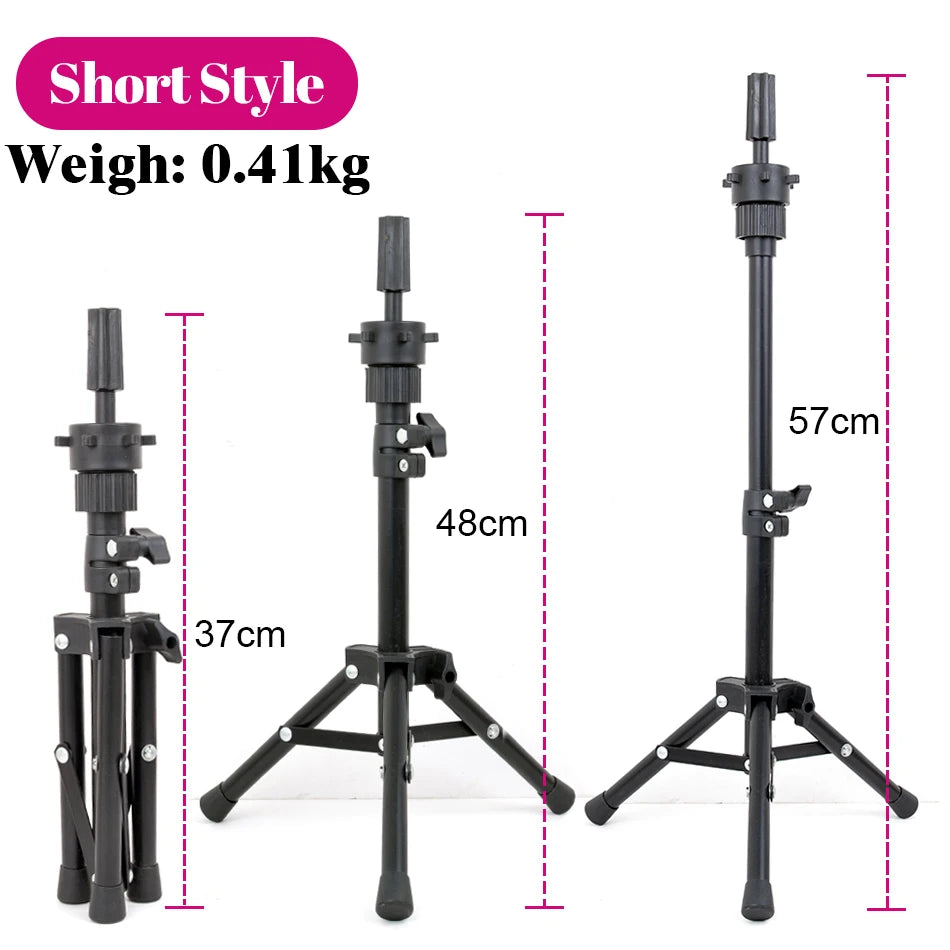 Black professional mannequin wig stand with adjustable height and tripod base