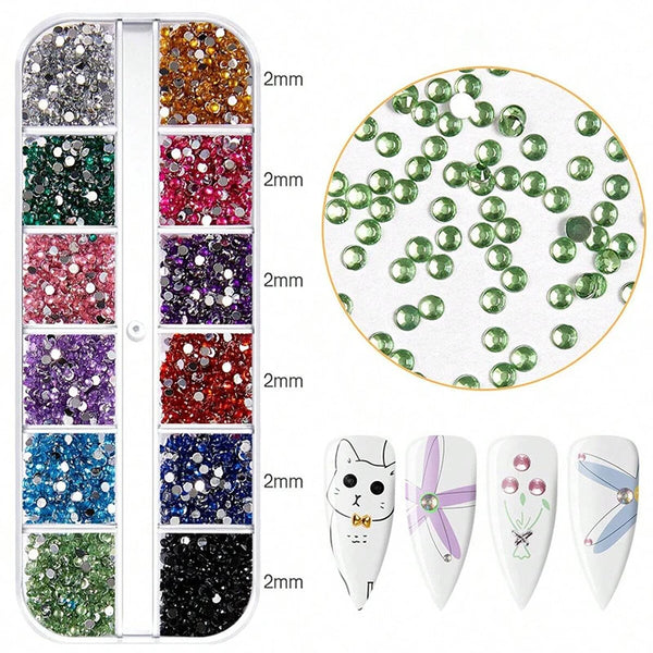 A set of four nail art decorations featuring various colored rhinestones and glitter.