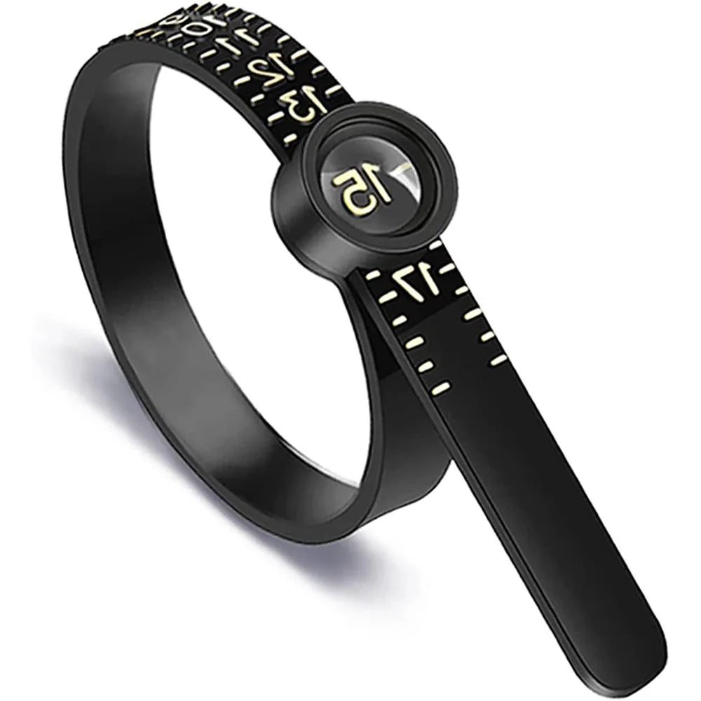 A black reusable ring sizing gauge set featuring a ring and a separate measuring tool.