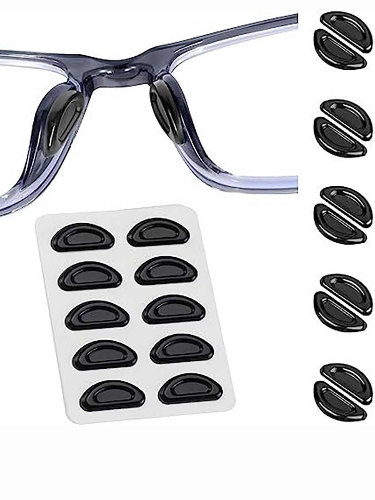 Un juego de almohadillas nasales de silicona transparentes antideslizantes para gafas, en varios tamaños y formas.