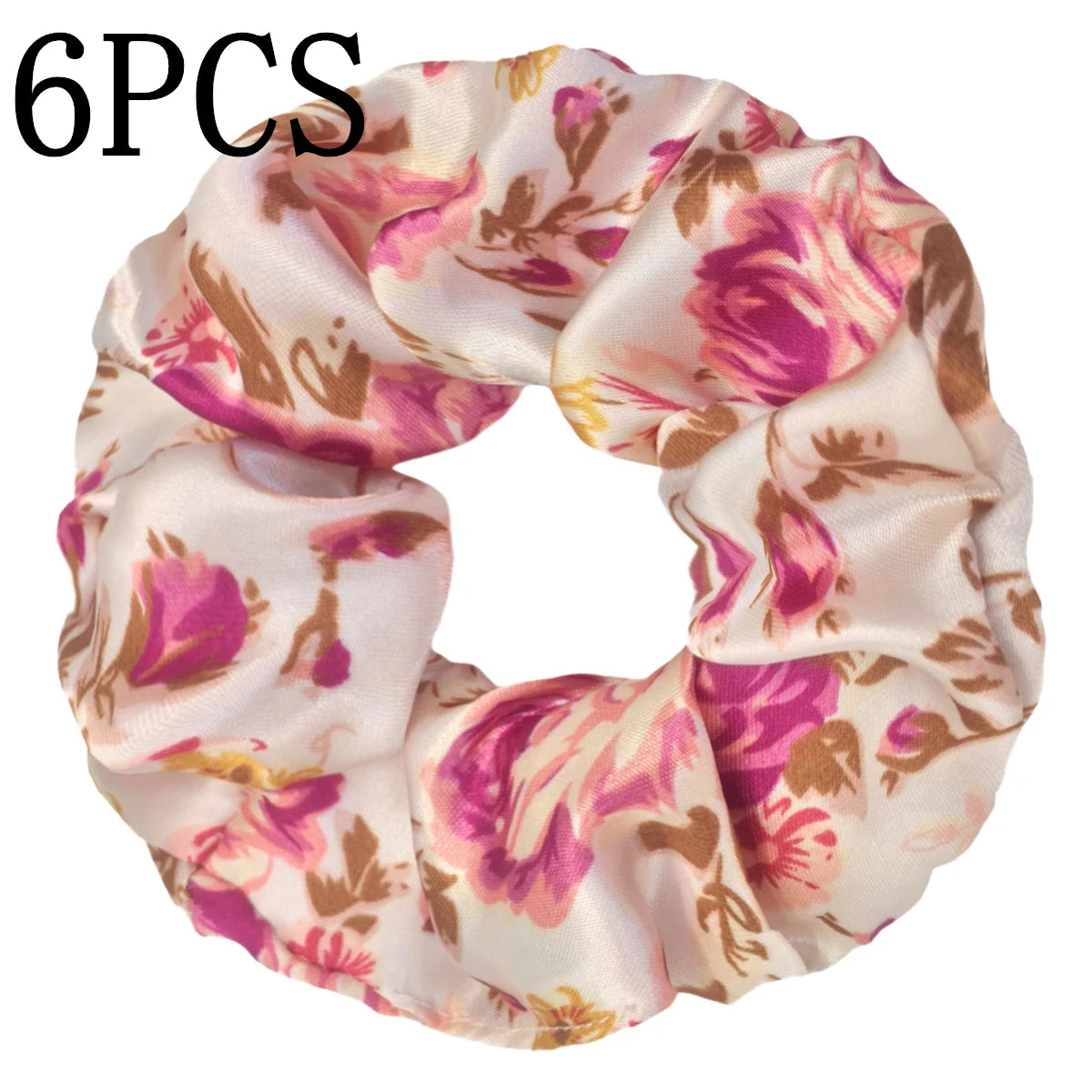 Un set de seis penyos de satén con estampado floral en tonos rosa y beige para el cabello.