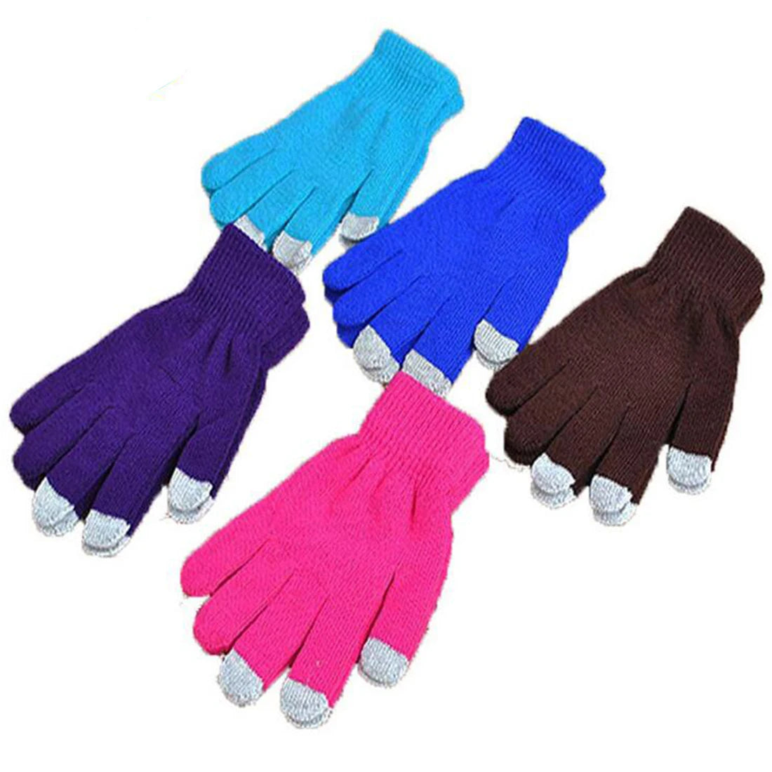A collection of colorful knit touch screen gloves in shades of blue, purple, and brown.