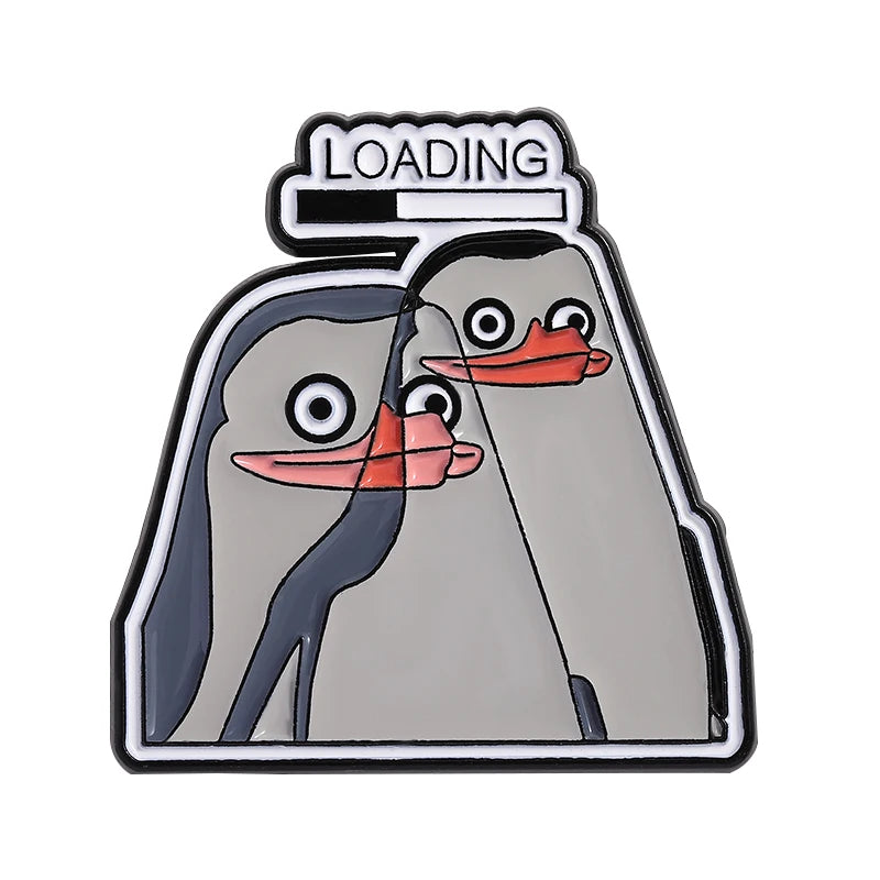 A loading graphic enamel pin featuring two stylized, surprised-looking cartoon eyes and a loading bar.
