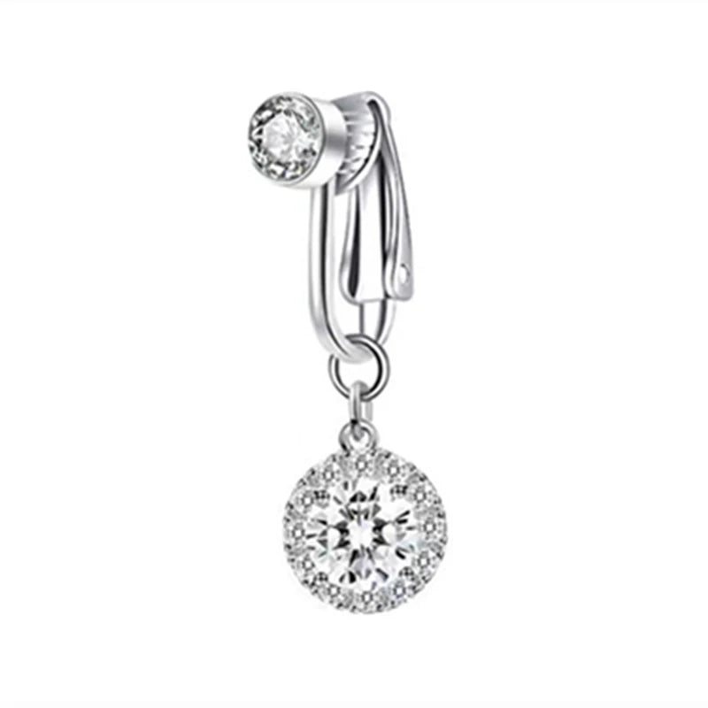 Silver fashion belly button rings featuring a stud and a round gemstone pendant.