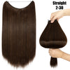 A bundle of straight dark brown hair extensions shown flat and a section being held by a hand.