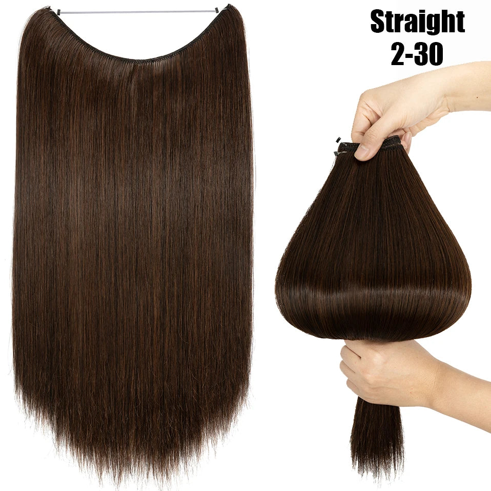 A bundle of straight dark brown hair extensions shown flat and a section being held by a hand.
