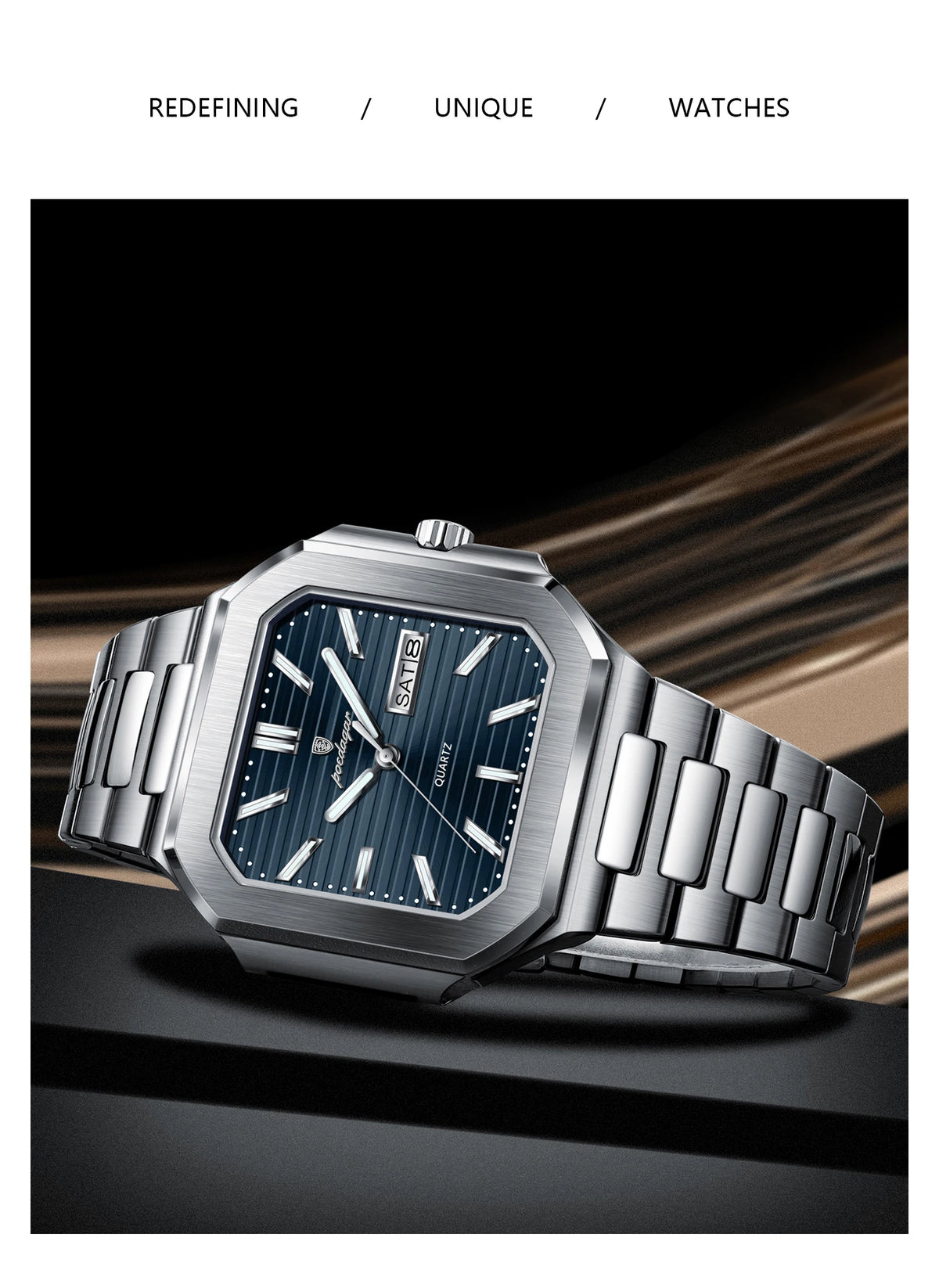 A silver stainless steel quartz watch with a dark blue dial and a metal bracelet is displayed on a dark surface.