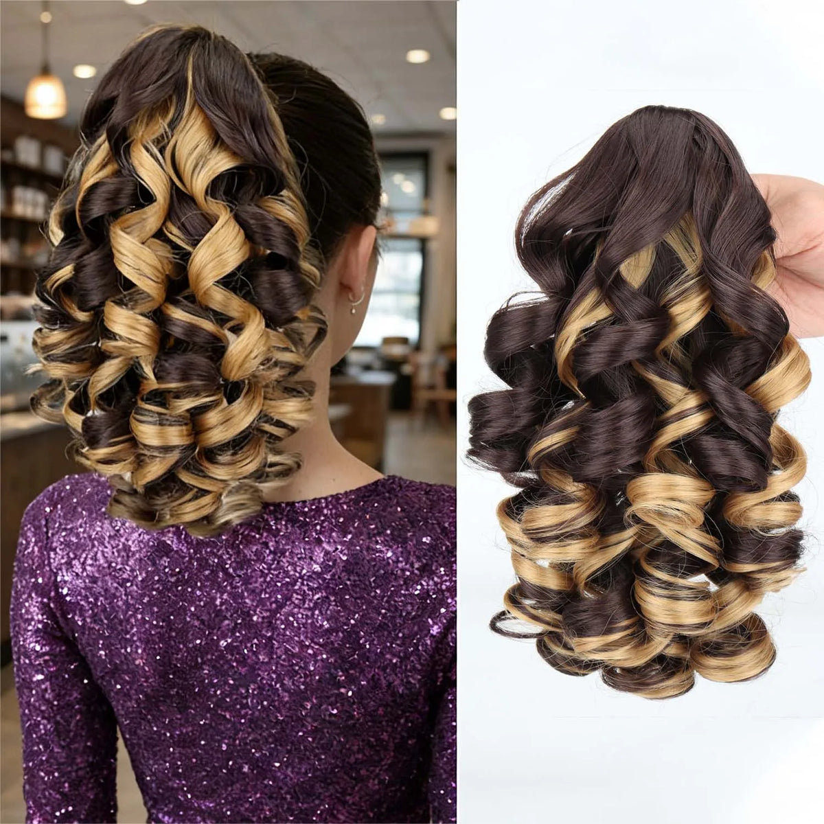 A close-up of a woman's hair styled in an elegant, voluminous curly updo with blonde highlights.