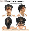 Multiple styles of short cornrow braided wigs shown on a mannequin head.