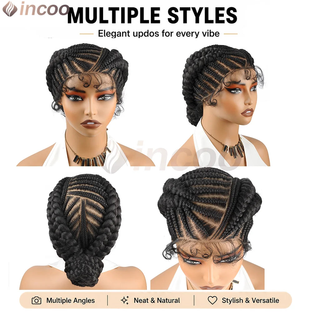 Multiple styles of short cornrow braided wigs shown on a mannequin head.