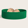 A wide, emerald green elastic waist belt with light tan leather accents and woven detailing.