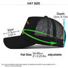 Black adjustable baseball cap shown from the side with depth measurement and size options