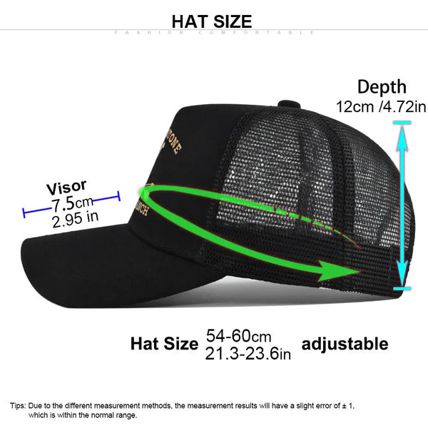 Black adjustable baseball cap shown from the side with depth measurement and size options