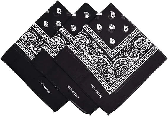 Three black paisley bandana fabric pieces folded together for sale
