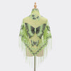 A sheer lime green printed butterfly lace scarf shawl with fringe details.