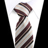 A close-up of an elegant men's silk necktie featuring a striped pattern in shades of brown, orange, and white.