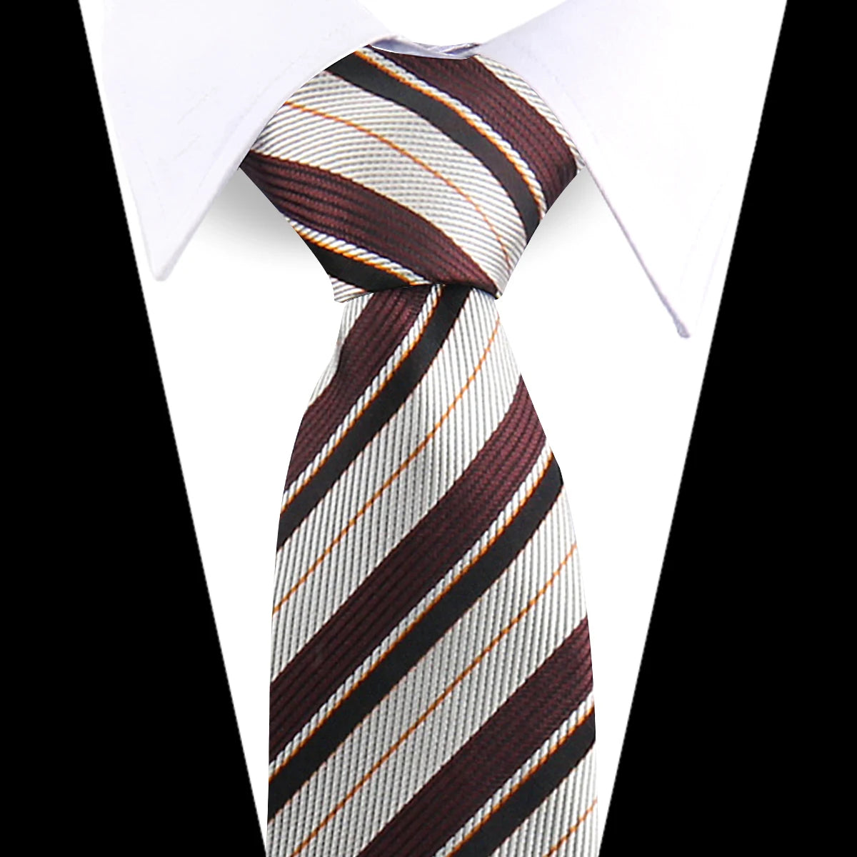 A close-up of an elegant men's silk necktie featuring a striped pattern in shades of brown, orange, and white.
