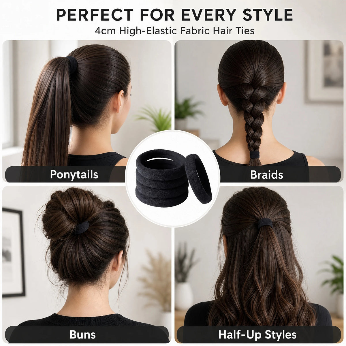Attaches pour cheveux en tissu élastique noir dans divers styles : queues de cheval, tresses, chignons et demi-attaches