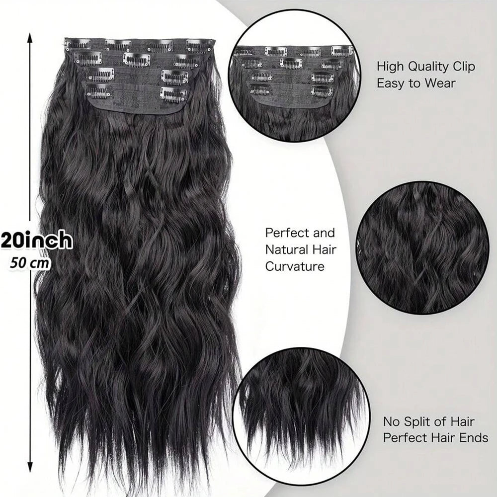 Un paquete de extensiones de cabello negro largo y ondulado, con detalles en tomas cercanas.