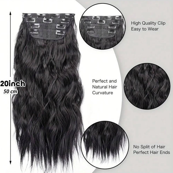 A bundle of long, wavy black hair extensions with a clip-in top shown alongside detail shots.
