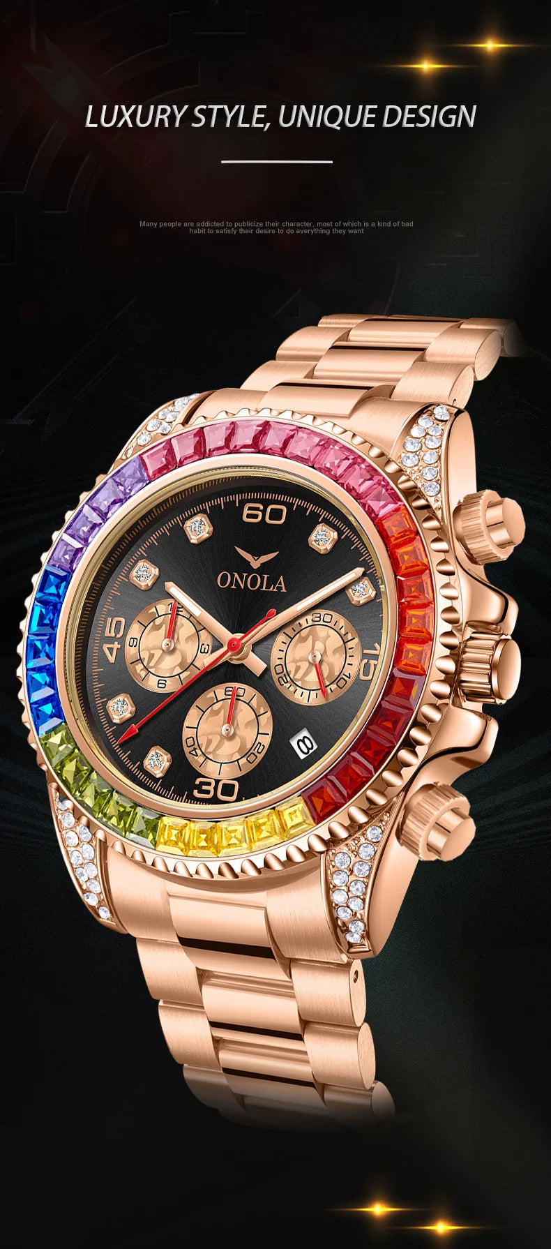 A luxury men's gold quartz watch with a colorful, multi-toned dial and diamond accents on a dark background.