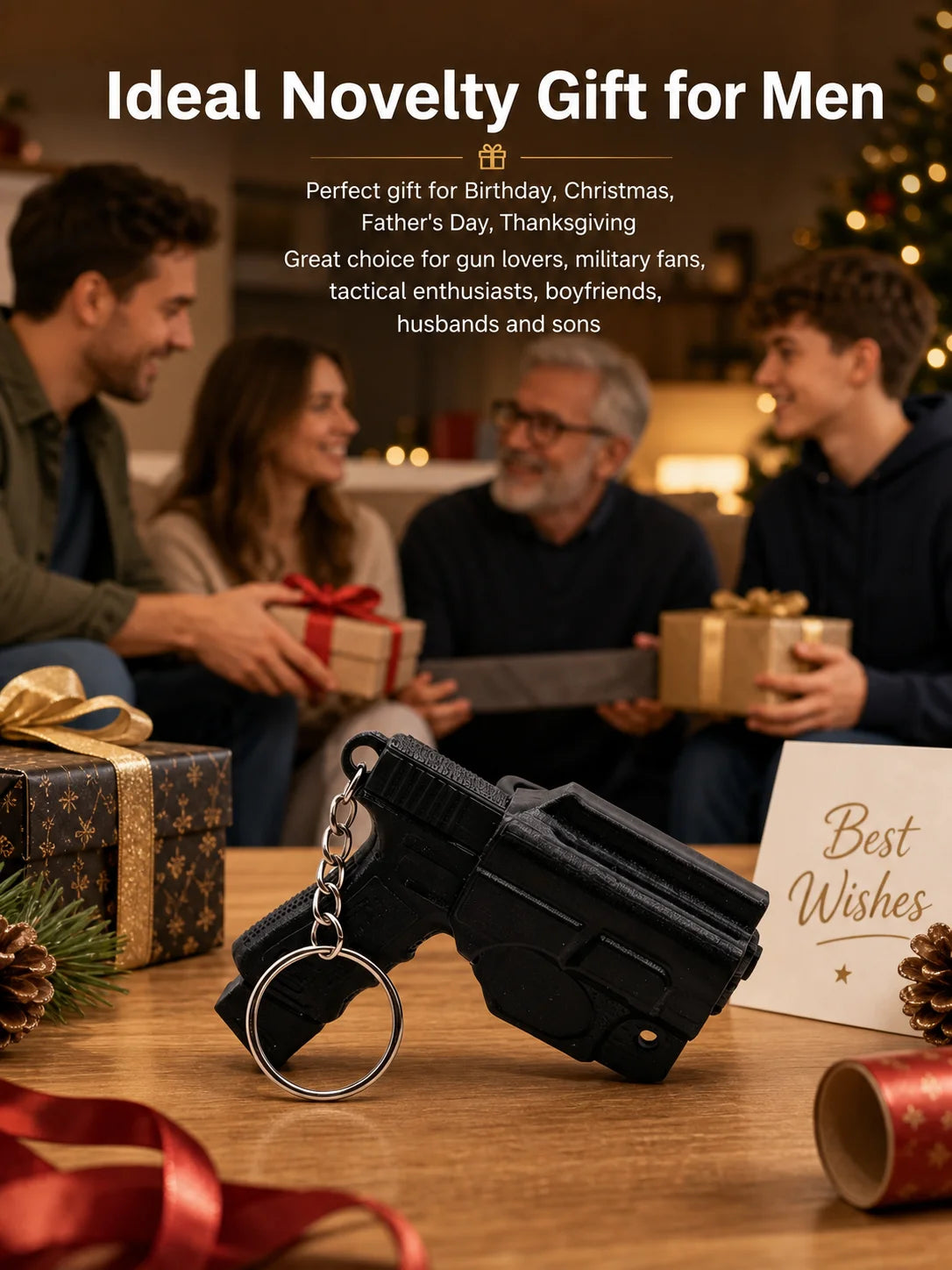 A black tactical pistol keychain with a detachable holster resting on a wooden table in a warm indoor setting.