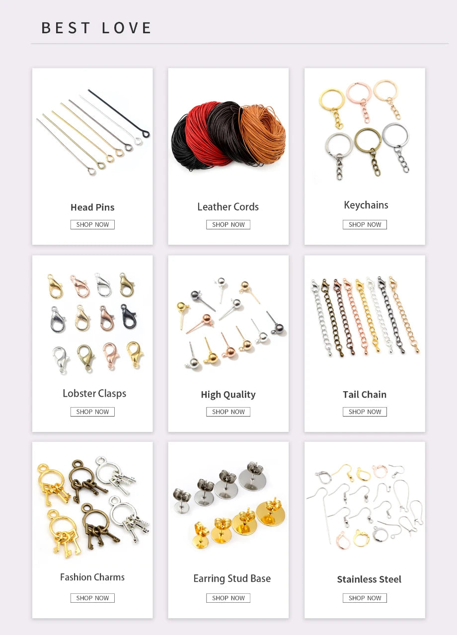 A collection of various jewelry components including head pins, leather cords, keychains, lobster clasps, high quality findin