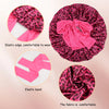 Pink leopard print satin sleep bonnet shown with close-ups of the elastic edge, elastic band, and fabric texture.
