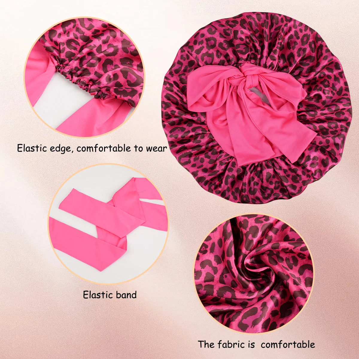 Pink leopard print satin sleep bonnet shown with close-ups of the elastic edge, elastic band, and fabric texture.