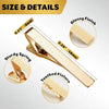 Close-up view of a gold-colored elegant men's tie clip showing size and details like the sturdy spring and toothed fixture.