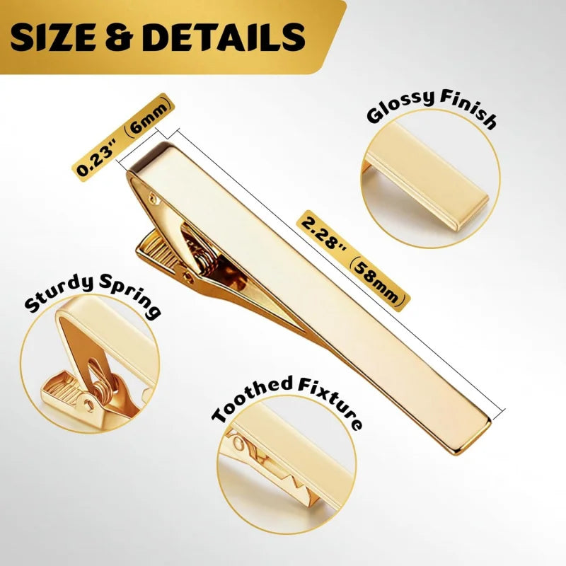 Close-up view of a gold-colored elegant men's tie clip showing size and details like the sturdy spring and toothed fixture.