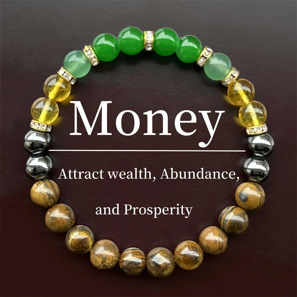A bracelet featuring green, yellow, and brown polished stones used to attract wealth, abundance, and prosperity.