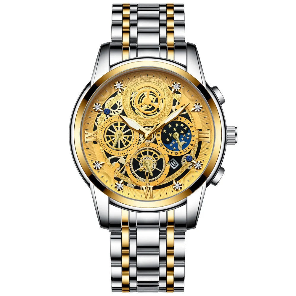 A stainless steel quartz wristwatch featuring a gold-toned dial and intricate subdials.
