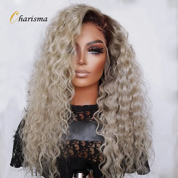 A model wearing a long curly ombre lace front wig with light blonde and gray tones.