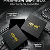 A premium gift box for iced lava hip hop jewelry with gold foil branding and a silver chain displayed on a dark background.