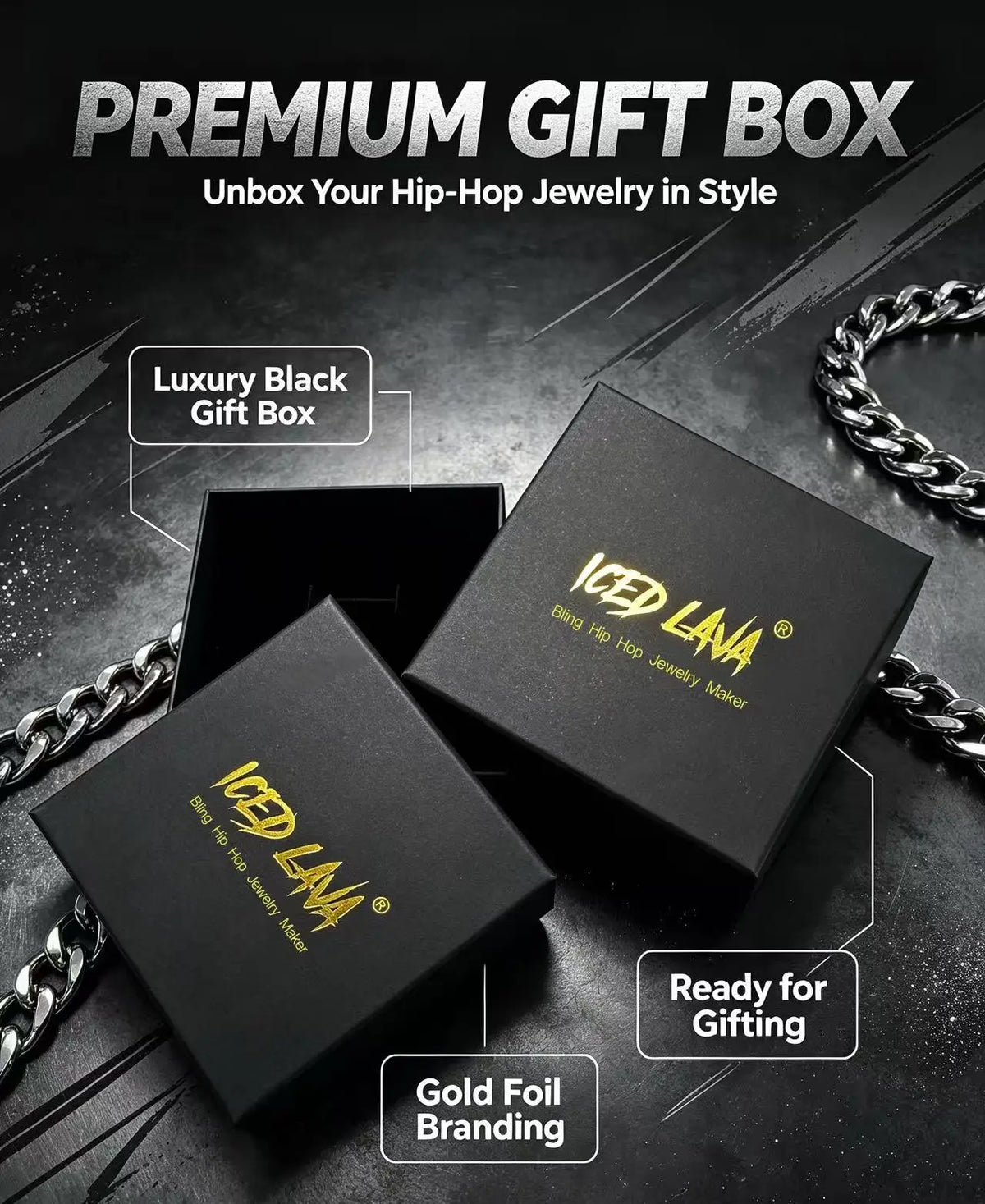 A premium gift box for iced lava hip hop jewelry with gold foil branding and a silver chain displayed on a dark background.