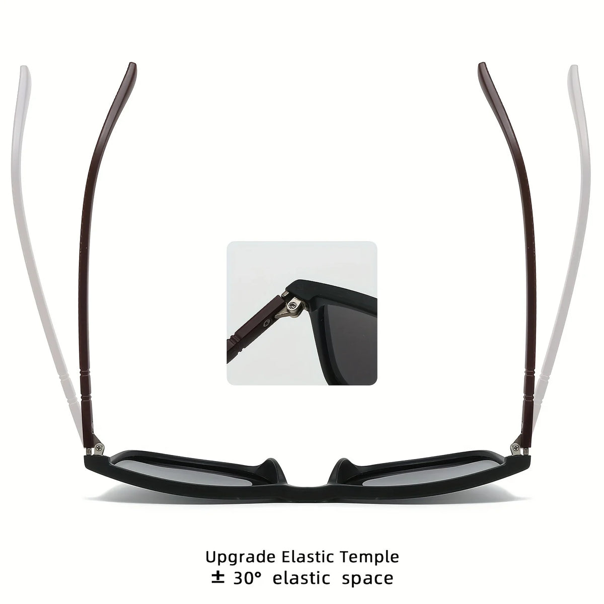 A pair of black classic square sunglasses with a flexible elastic temple design shown in a close-up view.